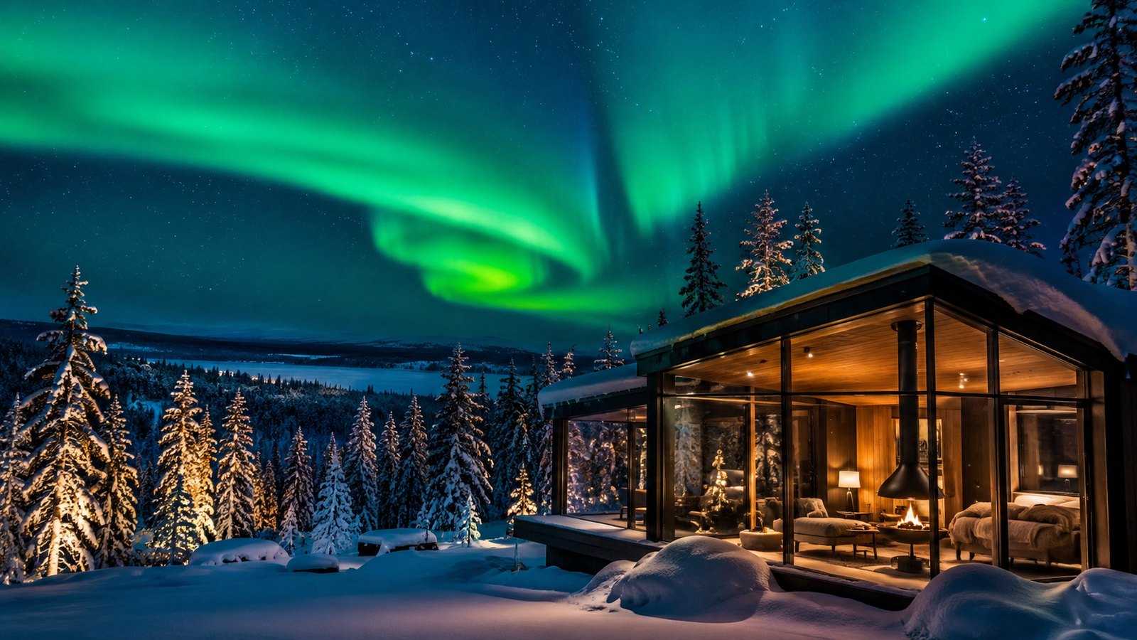 Aurores boréales au-dessus d’une cabane enneigée